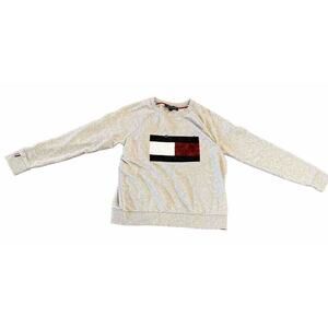 Tommy Hilfiger Women's Sequin Flag Logo Sweatshirt S Gray Heathered Cotton